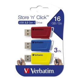Verbatim USB flash disk, USB 3.0, 16GB, Store N Click, mix kolorów, 49306, USB A, z wysuwanym złączem. 3 szt
