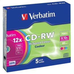 VERBATIM CD-RW 700MB 8-12X COLOUR SLIM CASE*5 43167