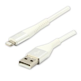 Logo USB kabel (2.0), USB A M - Apple Lightning M, 2m, MFi certifikat, 5V/2,4A, biały, box, oplot nylonowy, aluminiowa osłona zł