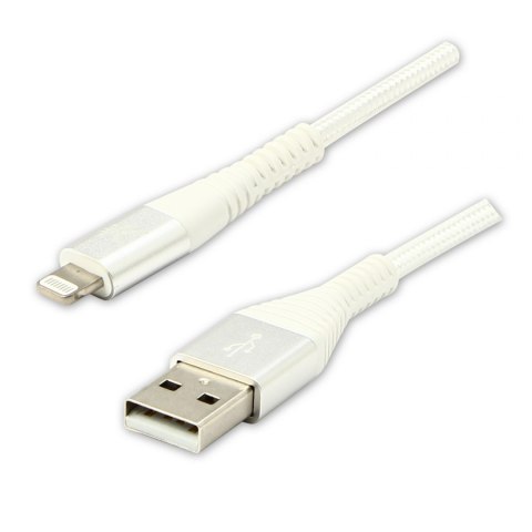 Logo USB kabel (2.0), USB A M - Apple Lightning M, 2m, MFi certifikat, 5V/2,4A, biały, box, oplot nylonowy, aluminiowa osłona zł