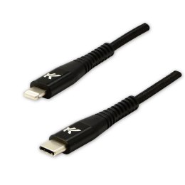 Logo USB kabel (2.0), USB C (M) - Apple Lightning M, 1m, MFi certifikat, 5V/3A, czarny, box, oplot nylonowy, aluminiowa osłona z