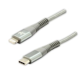 Logo USB kabel (2.0), USB C (M) - Apple Lightning M, 1m, MFi certifikat, 5V/3A, srebrny, box, oplot nylonowy, aluminiowa osłona 