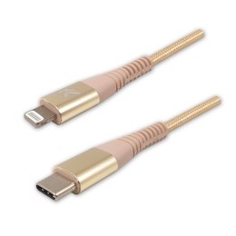 Logo USB kabel (2.0), USB C (M) - Apple Lightning M, 1m, MFi certifikat, 5V/3A, złoty, box, oplot nylonowy, aluminiowa osłona zł