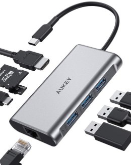 AUKEY CB-C91 aluminiowy HUB USB-C | 8w1 | RJ45 Ethernet 10/100/1000Mbps | 3xUSB 3.1 | HDMI 4k@30Hz | SD i micro SD | USB-C Power Deliv