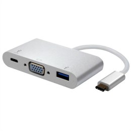 USB/Video Adapter + HUB, DP Alt Mode, USB C (M) - VGA (D-sub) (F) + USB C (F) (PD) + USB A (F), srebrny, plastic bag 1920x1200@