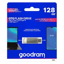 Goodram USB flash disk, USB 3.0, 128GB, ODA3, srebrny, ODA3-1280S0R11, USB A / USB C, z obrotową osłoną