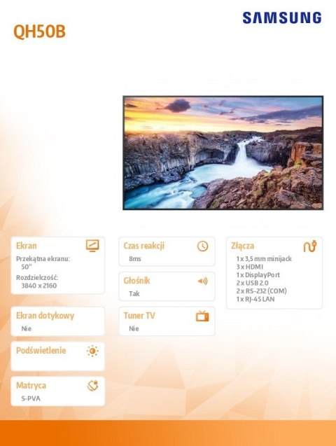 Samsung Monitor profesjonalny QH50B 50 cali Matowy 24h/7 700(cd/m2) 3840 x 2160 (UHD) S10 Player (Tizen 6.5) WiFi/BT 3 lata On-Site (LH5