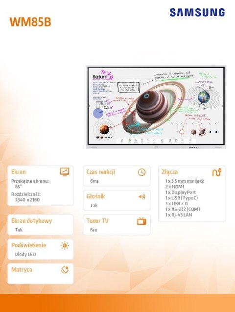 Samsung Monitor profesjonalny WM85B Flip PRO 85 cali Dotykowa 16h/7 350(cd/m2) 3840 x 2160 (UHD) Flip App WiFi/BT 3 lata On-Site (LH85WM