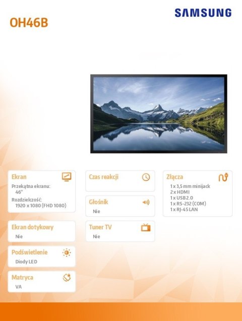 Samsung Monitor profesjonalny OM46B 46 cali Błyszczący 24h/7 4000(cd/m2) 1920 x 1080(FHD) Tizen 5.0 3 lata On-Site (LH46OMBEBGBXEN)