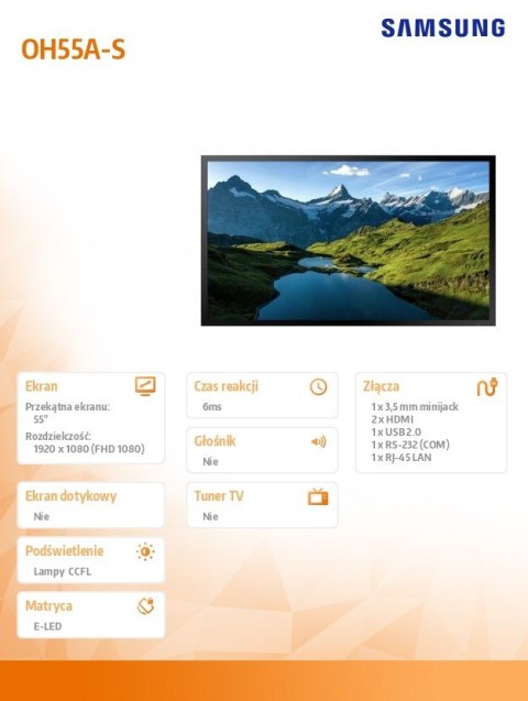 Samsung Monitor profesjonalny OH55A-S 55 cali błyszczący 24h/7 3500cd/m2 S7 Player (Tizen 5.0) 3 lata On-Site (LH55OHAESGBXEN)