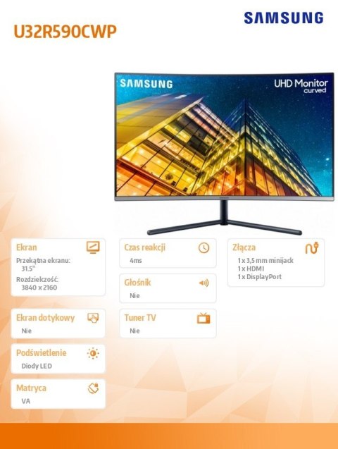 Samsung Monitor 31,5 cala LU32R590CWPXEN VA 3840x2160 UHD 16:9 1xHDMI/1xDP 4 ms (GTG) zakrzywiony 2 lata d2d