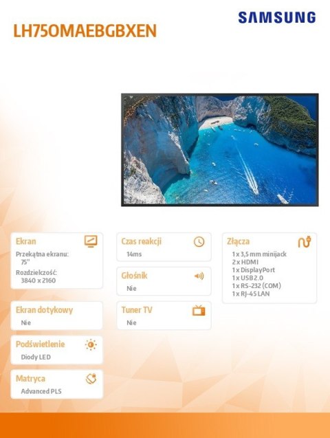 Samsung Monitor profesjonalny OM75A 75 cali Błyszczący 24h/7 4000(cd/m2) 3840 x 2160 (UHD) S7 Player (Tizen 5.0) Wi-Fi 3 lata On-Site (L