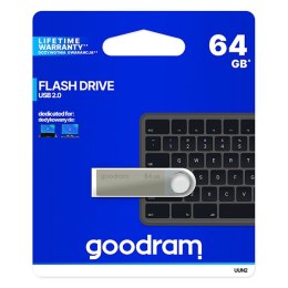 Goodram USB flash disk, USB 2.0, 64GB, UUN2, srebrny, UUN2-0640S0R11, USB A, z oczkiem na brelok