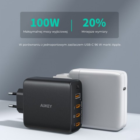 Aukey Ładowarka GaN, 3x USB-C, USB-A, QC, PD 100W