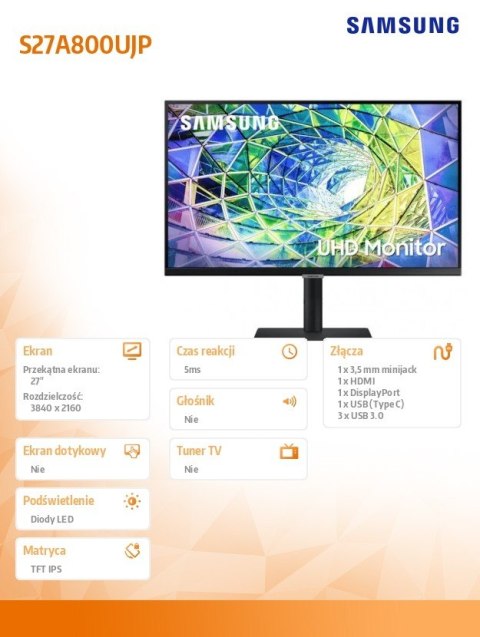 Samsung Monitor 27 cali ViewFinity S80UA IPS 3840x2160 UHD 16:9 1xHDMI 1xDP 1xUSB-C 90W 3xUSB 3.0 LAN 5ms PinP/PbyP 60Hz HAS+PIV płaski 