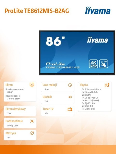 IIYAMA Monitor wielkoformatowy 85.6 cala TE8612MIS-B2AG INFRARED,40pkt,VA,4K,7H,WiFi