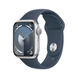 Apple Watch Series 9 GPS, 45mm Koperta z aluminium w kolorze srebrnym z paskiem sportowy w kolorze sztormowego błękitu - S/M