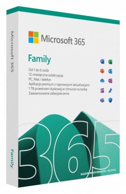 Microsoft 365 Family PL P10 1Y 6Users Win/Mac Medialess Box 6GQ-01940 + natychmiastowa wysyłka do godziny 18
