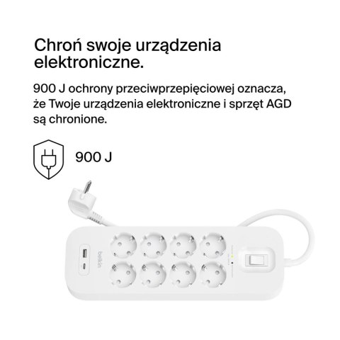 Belkin 2M, 8-portowa listwa + 1xUSB-A 1xUSB-C 900J