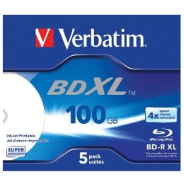 VERBATIM BD-R XL BLU-RAY 100GB 4X PRINTABLE NO ID JEWEL CASE BOX*5 43789