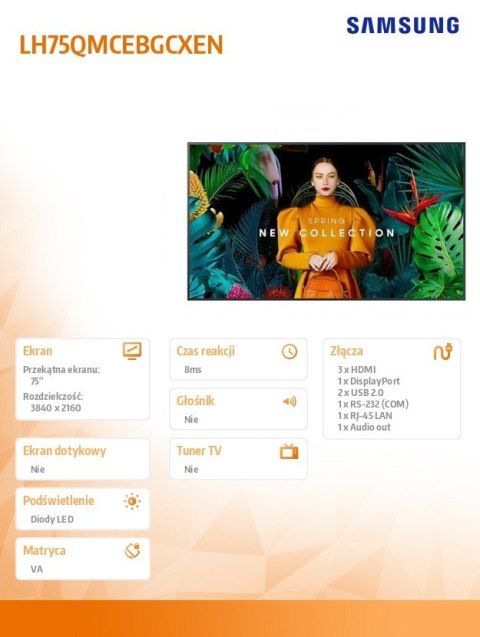 Samsung Monitor profesjonalny QM75C 75 cali Matowy 24h/7 500(cd/m2) 3840 x 2160 (UHD) S10 Player (Tizen 7) Wi-Fi/BT 3 lata On-Site (LH75
