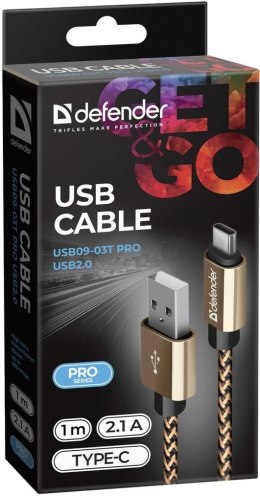 Kabel USB Defender AM-TYPE C 1m 2,1A złoty