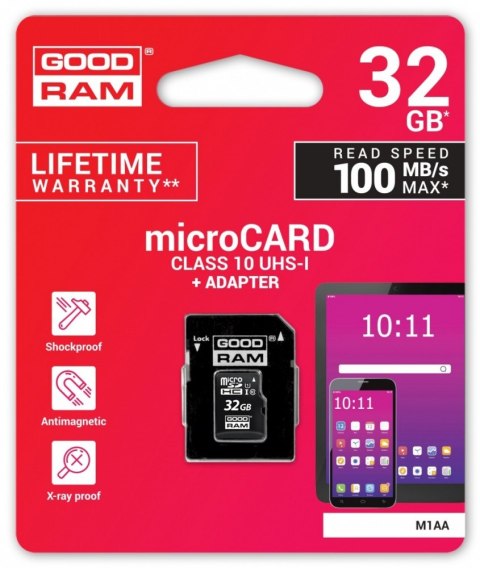 Karta pamięci Goodram microSDHC 32GB CL10 + adapter M1AA-0320R12