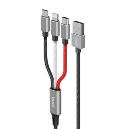 Kabel 3w1 USB do Lightning / USB-C / Micro USB Budi 2.4A, 1m, oplot (czarny)
