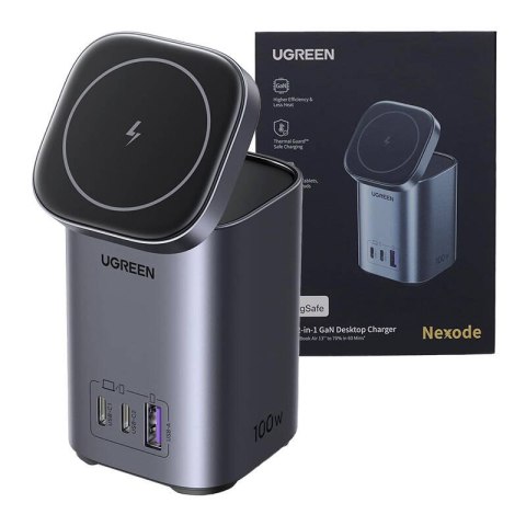 Ładowarka / stacja ładowania GaN 2w1 UGREEN CD342, Qi, 2xUSB-C, 1x USB-A, 100W (szara)