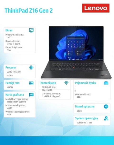 Lenovo Laptop ThinkPad Z16 G2 21JX000TPB W11Pro 7940HS/64GB/1TB/AMD Radeon/16.0 WQUXGA/Touch/Arctic Grey/3YRS Premier Support + CO2 Off