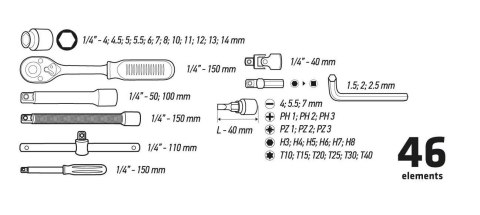 Klucze nasadowe Topex 1/4" zestaw 46 sztuk