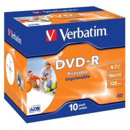 Verbatim DVD-R, Wide Inkjet Printable ID Brand, 43521, 4.7GB, 16x, jewel box, 10-pack, 12cm, do archiwizacji danych