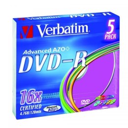 Verbatim DVD-R, Colour, 43557, 4.7GB, 16x, slim box, 5-pack, bez możliwości nadruku, 12cm, do archiwizacji danych