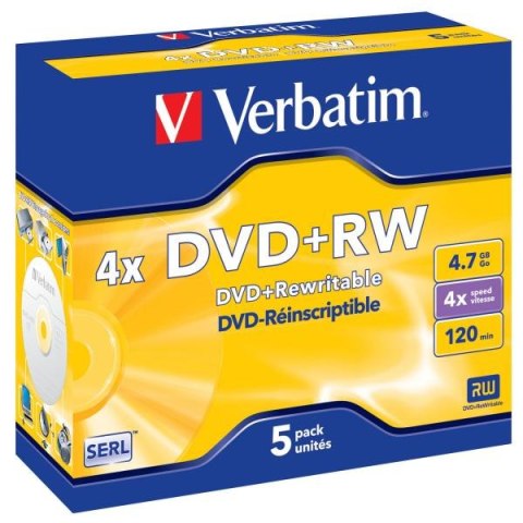 Verbatim DVD+RW, Matt Silver, 43229, 4.7GB, 4x, jewel box, 5-pack, bez możliwości nadruku, 12cm, do archiwizacji danych