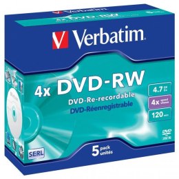 Verbatim DVD-RW, Matt Silver, 43285, 4.7GB, 4x, jewel box, 5-pack, bez możliwości nadruku, 12cm, do archiwizacji danych