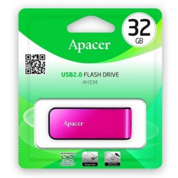 Apacer USB flash disk, USB 2.0, 32GB, AH334, różowy, AP32GAH334P-1, USB A, z wysuwanym złączem