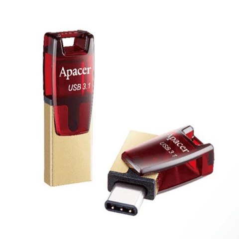 Apacer USB flash disk OTG, USB 3.0, 64GB, AH180, czerwony, AP64GAH180R-1, USB A / USB C, z obrotową osłoną
