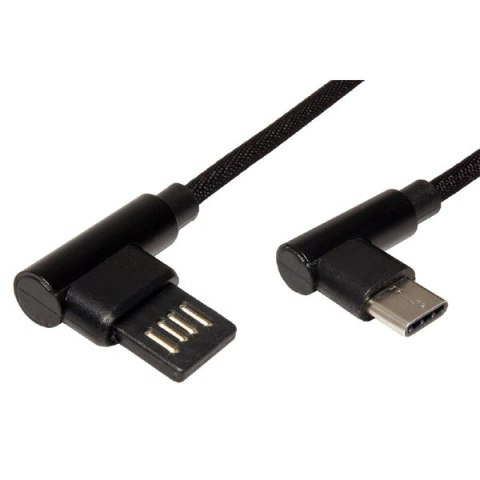 USB kabel (2.0), USB A M - USB C (M), 3m, okrągły, czarny, plastic bag, konektor 90°