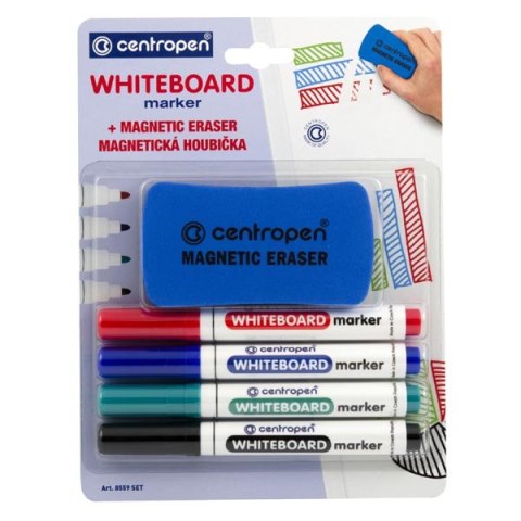 Centropen, zestaw markerów do tablic whiteboard 8559, color, 4szt, 2.5mm, zestaw markery na bazie alko + gąbka magnetyczna