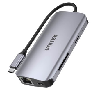 Unitek Aktywny hub USB-C 5Gbps, 2x HDMI 4K, czytnik kart, RJ-45, PD 100W