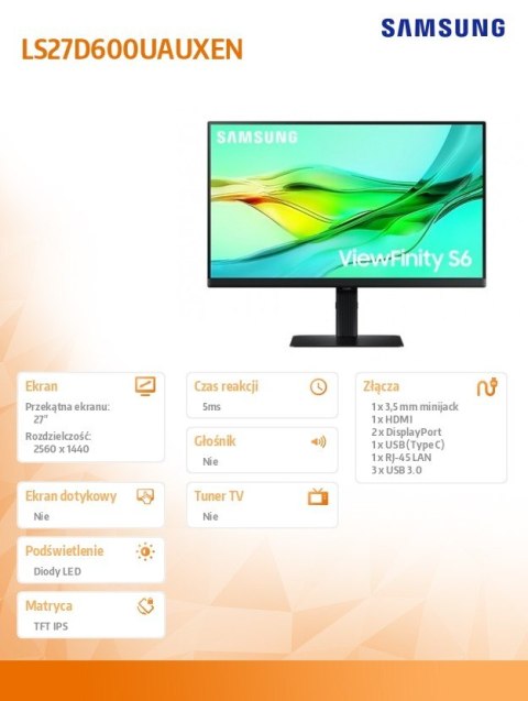 Samsung Monitor 27 cale ViewFinity S60UD IPS 2560x1440 WQHD 16:9 1xHDMI 2xDP(In+Out) 1xUSB-C 90W 3xUSB 3.0 LAN KVM 5ms PinP/PbyP 100Hz H