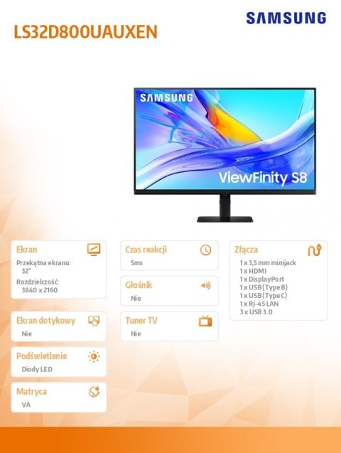 Samsung Monitor 32 cali ViewFinity S80UD IPS 3840x2160 UHD 16:9 1xHDMI 1xDP 1xUSB-C 90W 3xUSB 3.0 LAN KVM 5ms PinP/PbyP 60Hz HAS+PIV pła