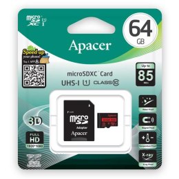 Apacer Karta pamięci Secure Digital Card V10, 64GB, micro SDXC, AP64GMCSX10U5-R, UHS-I U1 (Class 10), z adapterm