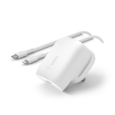 Belkin Ładowarka kątowa 30W USB-C, PD, PPS, biała + kabel Lightning