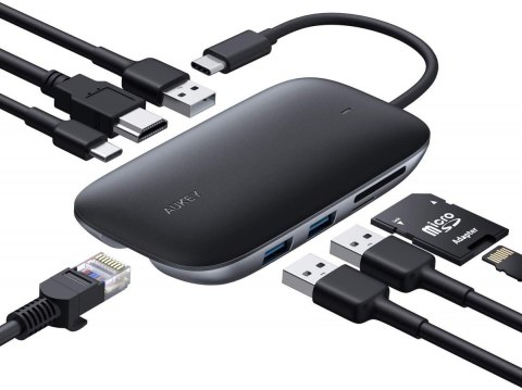 AUKEY CB-C71 aluminiowy HUB USB-C | 8w1 | RJ45 Ethernet 10/100/1000Mbps | 3xUSB 3.1 | HDMI 4k@30Hz | SD i microSD | USB-C Power Delive